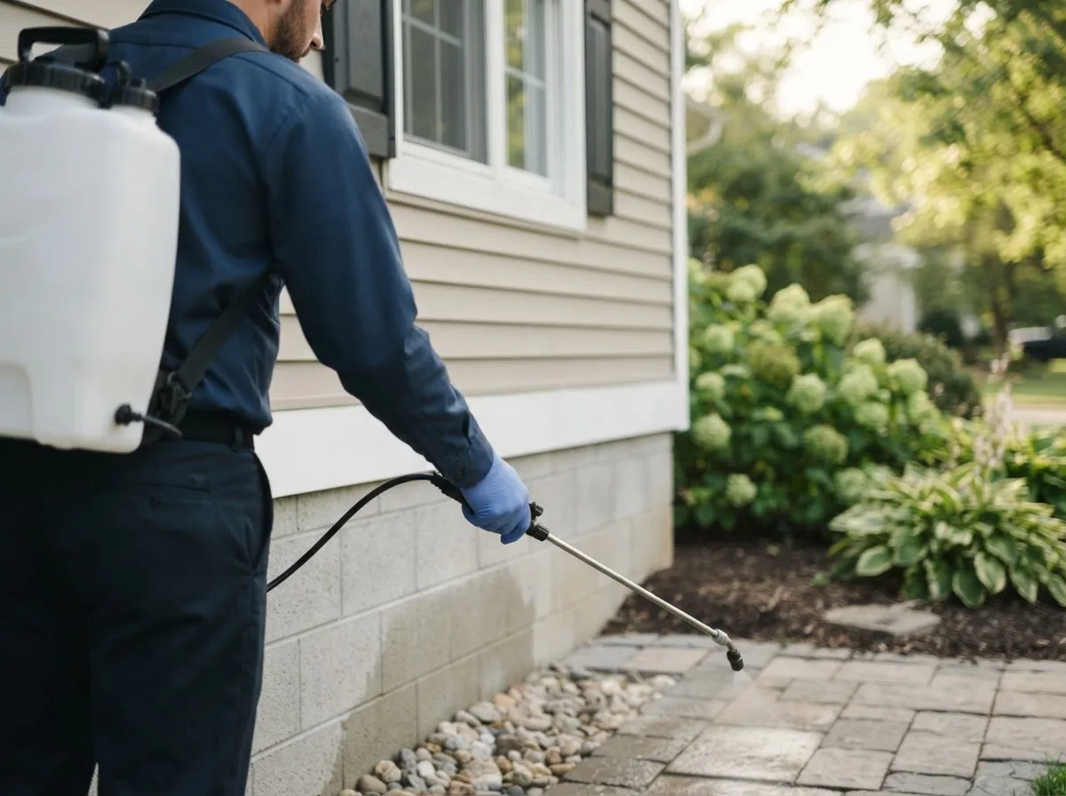 Pest control technician inspecting a home in Middlefield, MA